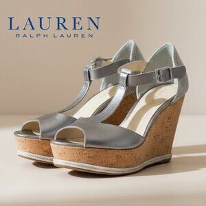 Lauren Ralph Lauren Silver Metallic Cork Wedge Sandals 9.5B T-Strap Espadrille